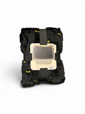 Northwest Black Faux Fur Throw with Yellow Cat Eye Embroidery